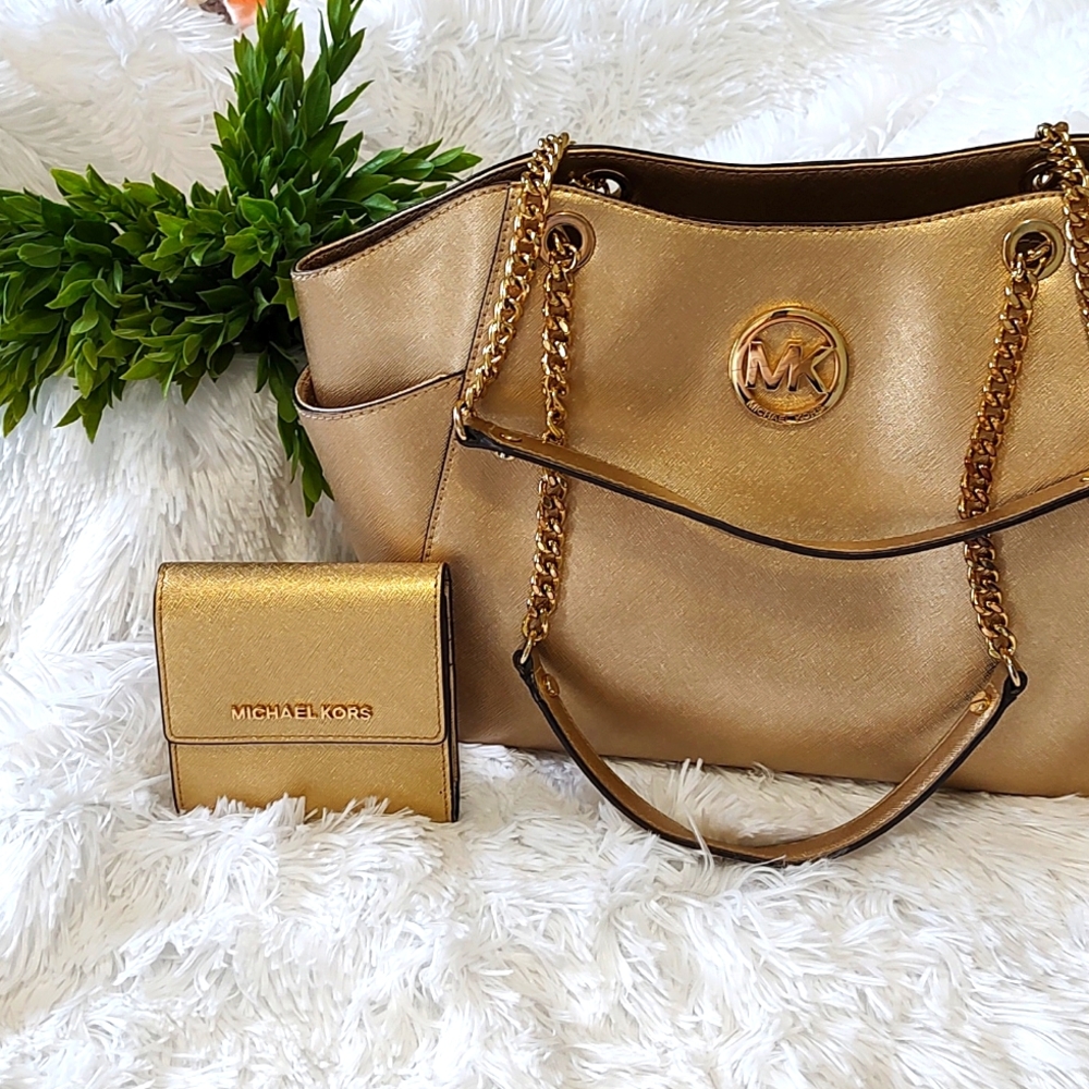 Matching 2 PC Michael Kors Gold colored Handbag and Wallet